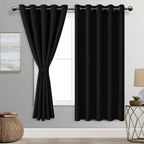 DWCN Black Blackout Curtains with Tiebacks for Bedroom Thermal Insulated Solid Eyelet Curtains for Living Room,2 Panels,66 Wide x 72 Drop