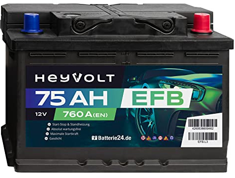 HeyVolt EFB Autobatterie 12V 75Ah 760A/EN Starterbatterie, Start-Stop & Standheizung geeignet, absolut wartungsfrei