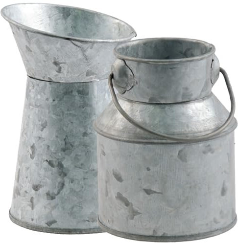 Deko Milchtopf Kanne mit Griff in Zink-Optik grau wasserdicht Vase Kerzenhalter Tisch-Deko Hochzeit Geburtstag Vintage Retro (Kanne & Milchtopf)