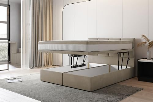 TRADA Letto Matrimoniale con Contenitore 200 x 200 cm - TROPEA - Letto con Materasso a Molle Insacchettate H3 - Comoda Apertura del Contenitore - Beige