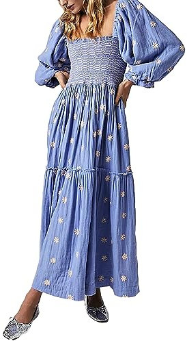 Qianderer Women's Flower Embroidered Maxi Dress Puff Sleeve Square Neck Swing Tiered Bohemian Flowy Dress Beach Long Dress (Ba Light Blue, L)