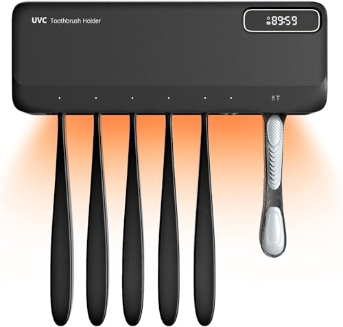 SwanKiss UV Toothbrush Sanitizer Holder for Bathrooms, 5+1+1 Slots Toothbrush Sanitizer and Holder, Rechargeable Cordless Wall Mounted Tooth Brush Holder with Heating Functions, No Drilling (Black)