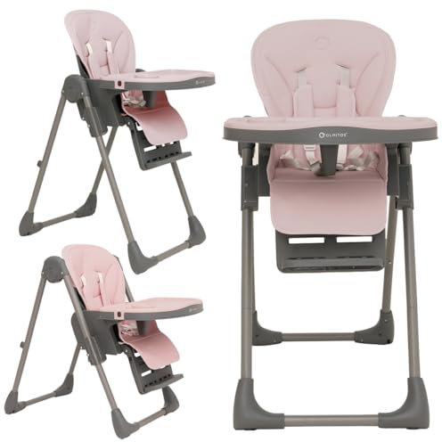 Olmitos Trona bebe multi posición ligera- Ajuste de altura y reclinable - Doble bandeja extraíble 3 posiciones - Funda de Polipiel Acolchada fácil limpieza- Arnés 5 Puntos hasta 3 años (Rosa)