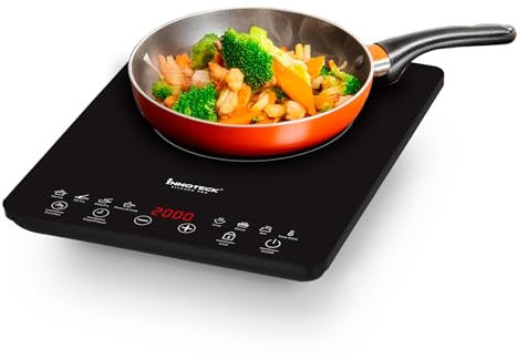 Innoteck Kitchen Pro Single Induction Hob – 2000W, Ultra-thin Design, Black Frosted Glass Panel, Multiple Power & Temperature Settings (60°C to 240°C), Touch Sensor, 3-Hour Timer, Child Safety Lock