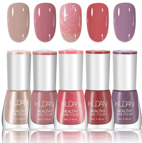 Nude Nail Polish Sets, 5 Colors Quick Dry Nail Varnish Kit Nude Pink Purple Glitter Gel Nail Polish Set, Pastel Milky Holographic Nail Gel Nail Art DIY Manicure Home for Women - No Need Lamp Cure