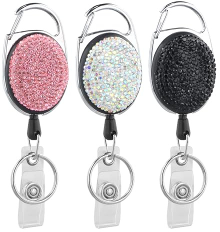 Amexo 3 Piezas Llavero Retráctil Resistente, Soporte Retráctil para Insignias Llavero Retráctiles con Pedrería Mosquetón de Carrete para Oficina Enfermera Médico Estudiante (Negro, Blanco, Rosa)