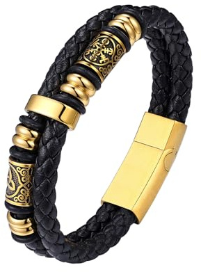 Bestyle Bracciale Uomo Vichingo Oro in Pelle 21cm, Bussola Nordica con Chiusura Magnetica, Bracciale Multistrato Impermeabile e Anti-Sudore per Sport, Regalo per Uomo