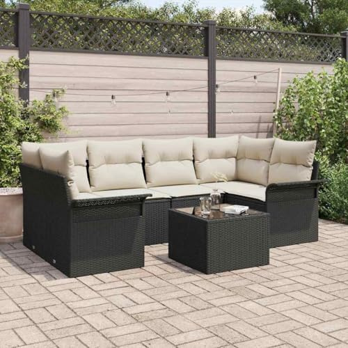 Frdhee Panca da giardino ad angolo, divano da giardino, con cuscino con memoria, 7 pezzi, nero e crema, per esterni, giardino, terrazza, balcone, divano, divano, facile da mantenere