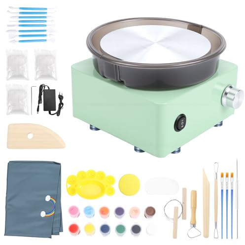 HISUEKIG Mini Kit Ruota Ceramica, 6 DIY Strumenti per Ceramica con Base Antiscivolo, 0-300 RPM, Rotazione Bidirezionale, struttura in metallo, paraspruzzi rimovibile per Principianti