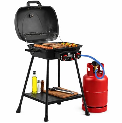 SOLEILUX Barbecue a gas 2 fuochi bbq con griglie in ghisa e accensione piezo e mensola portaoggetti - compatto e stabile h. 90,3cm