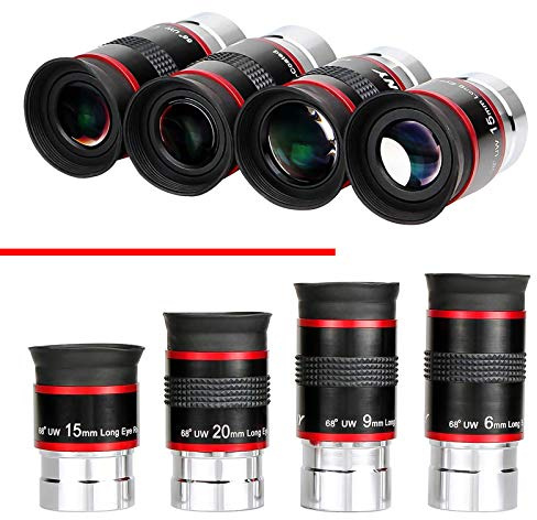 Ocular ultra gran angular de 68 grados para telescopio (6/9/15/20 mm) telescopio ocular, totalmente recubierto de verde, juego de accesorios de telescopio de 1.25 pulgadas (6-9-15-20 mm) - 4 piezas