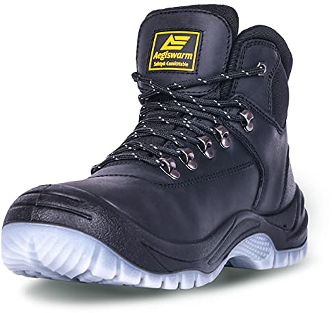 AEGISWARM Work Boots for Men Steel Toe Waterproof Oil Full Grain Cowhide Leather Non Slip Industrial and Construction Safety Footwear Mens Work Boots Black