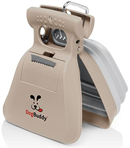 DogBuddy - Recogedor portátil para excrementos de Perros pequeños y Grandes, Pala con Accesorio para Bolsa, Pinza para Correa y Bolsas de Basura Incluidas, Grande, Gris Topo