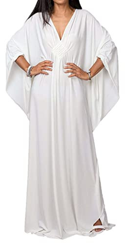 JFAN Kaftans Women Full Length Plus Size Beach Coverups for Women Beachwear V Neck Kaftan Dress Loungewear(White,One Size)