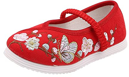 BININBOX Little Girl Mary Jane Dance Shoe Ballet Sport Shoes Beijing Cloth Shoe Chinese Traditional Floral Butterfly Embroidery Shoe Princess Dress Flats Shoes(8 M US Toddler,Red)