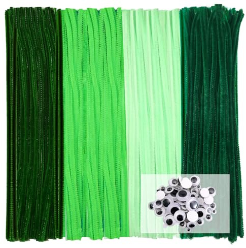 TOAOB 100 Pezzi Scovolini per Lavoretti Verdi Pipe Cleaner Bastoncini Decorativi e 100 Occhi Mobili Adesivi per Bambole Pupazzi Artigianato Scrapbooking Fai da Te