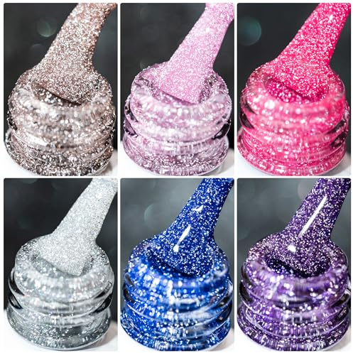 BURANO Reflektierende Glitter UV Gel Nagellack, 7.3ml Grün Lila Rosa Silber Orange Sparkle Holographische Glitter Gel Nagellack für DIY Home 6 Flaschen