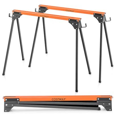 COSTWAY 2 Caballetes de Sierra de Metal, Carga Máxima de 500 Kg, Patas de Apertura Rápida y 2 x 4 Brazos de Soporte, Paquete Doble de Caballete Portátil para Carpintería (96,5 x 47 x 76 cm)