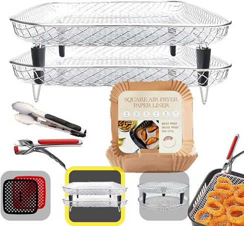 FRYUP® Rejilla Air Fryer Cuadrada [21x21cm] [SuperPack] - Compatible con COSORI [5,5L, 6L, 6,4L]- Rejilla para Freidora de Aire - Accesorios Freidora de Aire Cuadrada Sin Aceite - Pinzas + 50 Papeles