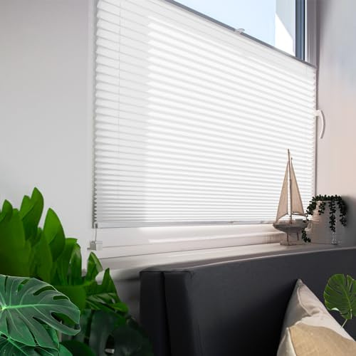 Tom'Shop Plissee Klemmfix ohne Bohren Sonnenschutz Plisseerollo Jalousie Lichtdurchlässig und Blickdicht für Fenster & Tür (NELA Weiß B70cm x H120cm)