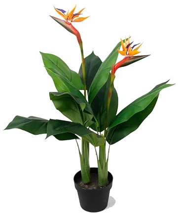 MichaelNoll Strelitzie med blomma, paradis fågelblomma, konstgjord växt, konstträd, konstgjord växt, dekoration, i svart kruka, mycket realistisk, grön (90 cm – MN-KP-2209)