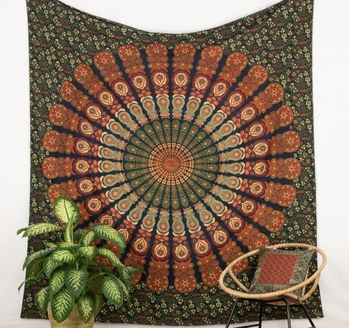 Original Kikan Indian Tapestry Mandala Wall hanging Bohemian Decor Bedspread Multi Coloured Cotton Hippie Boho Gypsy Sheet Hand printed (DARK GREEN, twin)