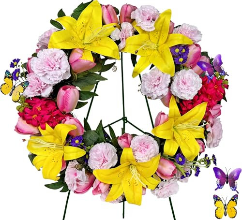 Saxili Coronas de cementerio en soporte de caballete de 30 pulgadas para decoración de tumbas para el Día de los Caídos, corona de lápida con colgador de lápida, clavel artificial, tulipán, lirio,