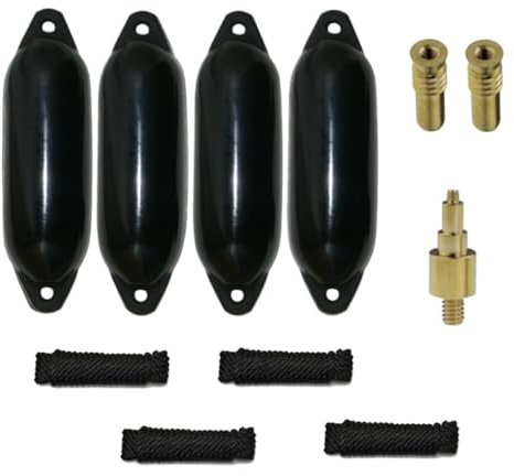 12skipper Bootsfender 4er-Set mit 4 Majoni Star 25 Fender inkl. 4 Fenderleinen, 2 Ersatzventilen, 1 Ventiladapter - schwarz, 58 x 15cm