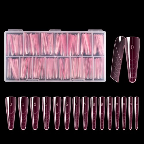BNG Dual Nail Forms For Gel Builder 150 Pcs 15 Size Dual Forms Upgraded Style, Professional Polymer Gel Nails Extension Mold Full Cover Acrylic Nail Molds Quick Building, Pink Long