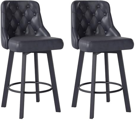 Youhauchair Bar Stools Set of 2, Waterproof PU Leather, Black | 9 cm thick seat, 360° Rotating, Seat Height 66.5 cm, Load Capacity 150 kg, with Footrest