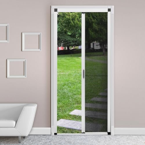 Retractable No-Drill Screen Door Adjustable Folding Door with Aluminum Frame & Mesh Bug-Proof for Single/Double Doors Custom Size Available (White)