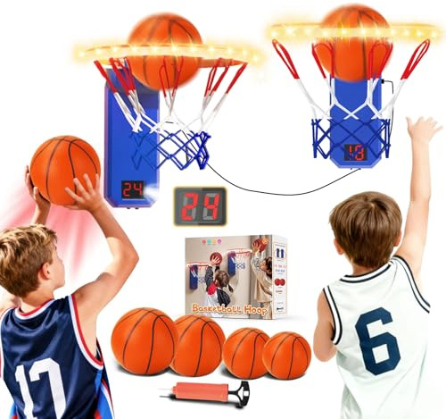 VATOS Lot de 2 cerceaux de basket-ball LED – Mini jouet de basket-ball d'intérieur pour enfants avec 2 modes de jeu, effet sonore, score automatique et 4 balles, jouet de basket-ball à coller pour