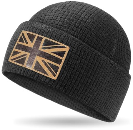Outdoor Shaping Leather UK Flag Patch, Grid Fleece Cuffed Beanie Waffle Knit, Tactical Army Military Skull Cap Warm, Unisex Hat One Size, Outdoor Hiking Travel Daily Wear Pitch Black
