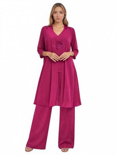 3 Piece Mother of The Bride Pantsuits for Women Chiffon Lace Wedding Guest Suits Dressy with Jacket Outfit Fuchsia
