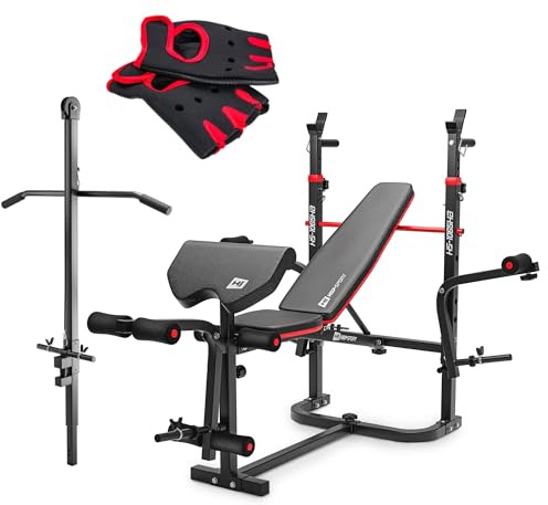 HOP-Sport® Set Banc de Musculation Pliable Inclinable HS-1065 avec Poulie Haute, Gants en Néoprène, Support d’Haltères, Presse à Jambes, Papillon, Banc d'entraînement Complet, Noir