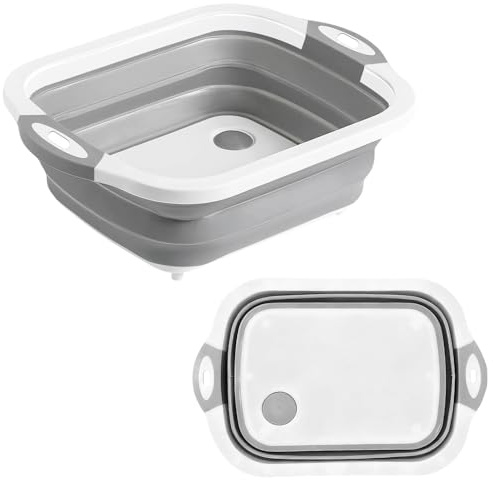 ARWIG Multifunctional Collapsible Washing Up Bowl | Folding Chopping Board Washing Bowl | Camping Sink for Drainage Washing Vegetables | Foldable Washing Up Bowl for Camping Picnic BBQ (Grey)