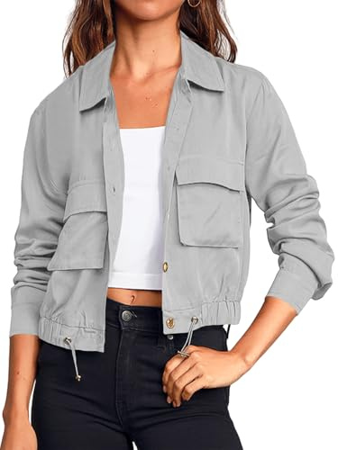 Cicy Bell Women's Military Safari Cropped Jackets Button Down Lightweight Oversized Utility Anorak Coat with Pockets