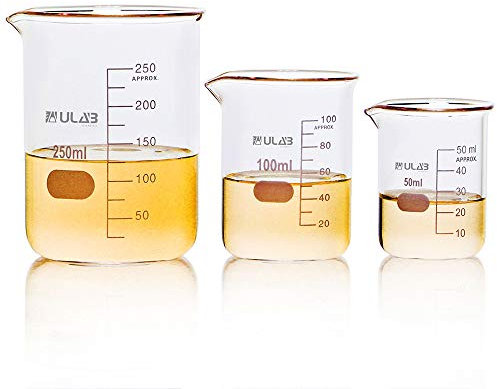ULAB Scientific Becherglas Set, 3 Größen 50 ml 100 ml 250 ml, 3,3 Boro Griffin, niedrige Form mit aufgedruckter Graduierung, UBG1001