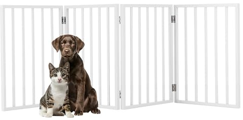 Pet Gate - 4-Panel Indoor Foldable Dog Fence for Stairs, Hallways or Doorways - 72x24-Inch Retractable Wood Freestanding Dog Gates by PETMAKER (White)