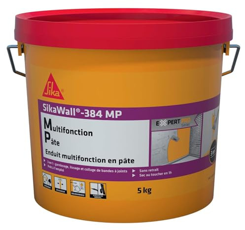 SIKA - Enduit multifonction en pâte 3 en 1 - SikaWall 384 MP Blanc - Prêt à l'emploi pour le garnissage/lissage/collage de bande à joints - Sec au toucher en 1h - Application et ponçage facile - 5kg