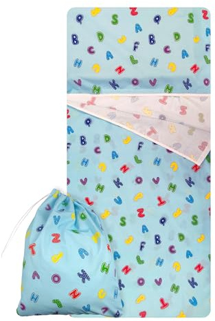 Ensemble de Jardin d'enfants, Sac de Couchage d'été et Pochette pour Les bébés de 2 à 6 Ans - Tissu 100% Coton - Made in Italy (Lettres Bleues Kindergarten Set)