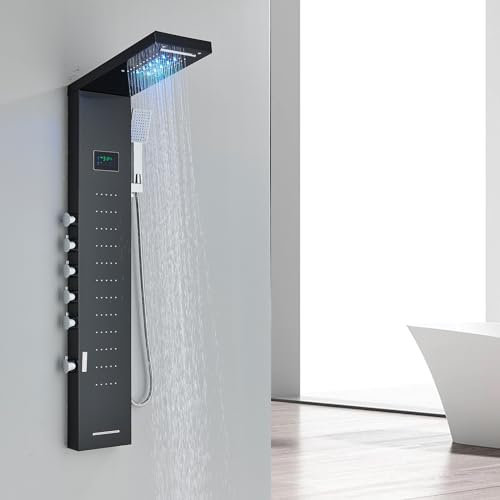 TVTIUO LED Colonna Doccia Idromassaggio in 304 Acciaio Inox,Pannello doccia multifunzione a parete con doccetta,doccia a cascata,soffione,Display LCD,Nera