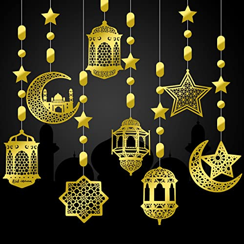 Zonon Kit di 24 Decorazioni Ramadan Murali Sfondo di Stelle Filanti Lanterne Lunari Ghirlande Ramadan Striscioni Eid Mubarak Decorazione Islamica da Appendere Brillanti per Casa Nozze (Oro)