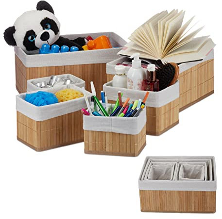 Relaxdays 12 cestas de almacenaje, Funda de tela, Bambú, Cuadrado y rectangular, Organizador, Marrón