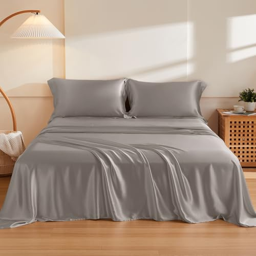 THXSILK Silk Sheet Set 4Pcs, 6A+ Top Grade 100% Natural Mulberry Silk Bed Sheets Smooth Cooling Luxury Bedding Sets Ultra Soft Durable, 1 Fitted Sheet, 1 Flat Sheet and 2 Pillow Shams (Queen, Grey)