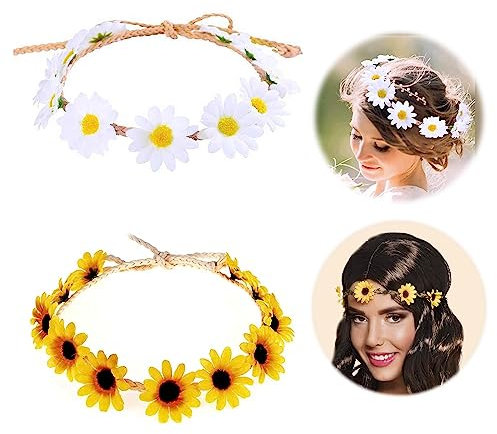GWAWG Lot de 2 bandeaux réglables avec marguerites blanches et jaunes - Couronne de tournesol bohème - Pour mariage, fête, plage, festival