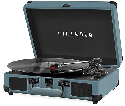 Victrola Journey Bluetooth Portable Suitcase Record Player – with Built-in Speakers, 3 Speed Vinyl Record Player, RCA Out, Headphone Jack (Smoky Blue)