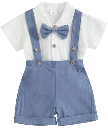HZPHQY Infant Baby Boy Gentleman Outfit Short Sleeve Lapel Collar Summer Romper Onesie Suspender Shorts Overalls Newborn Dress Clothes (A Blue Bowtie, 0-3 Months)