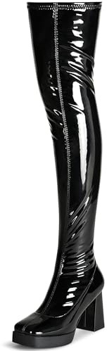 KHPAERMEI Black Platform Thigh High Boots Women Over The Knee Boots for Women Patent Leather PU Knee High Boots Square Toe GoGo Chunky Heel Boots