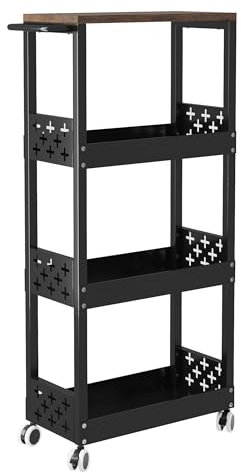 COVAODQ Narrow Kitchen Cart, Slim Storage Trolley, Slide Out Slim Rolling Cart with Wooden Tabletop for Narrow Places (47.5cm*17cm*87cm - Black)